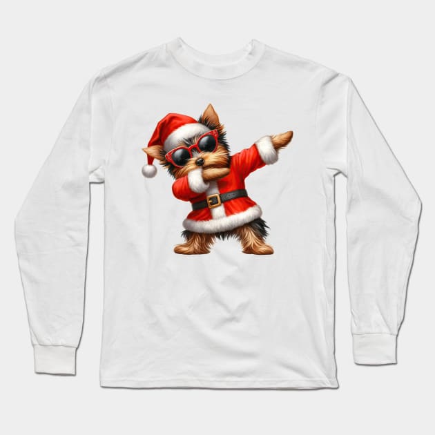 Christmas Yorkshire Terrier Dog Dabbing Dance Long Sleeve T-Shirt by Chromatic Fusion Studio